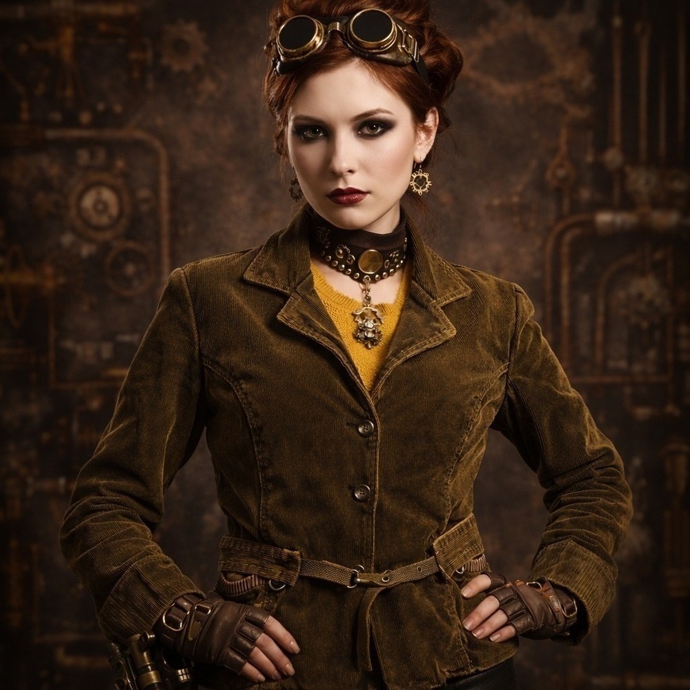 Vintage Y2K Corduroy Jacket Belted Fleece Warm Olive L Academia Steampunk Grunge - Picture 2 of 16
